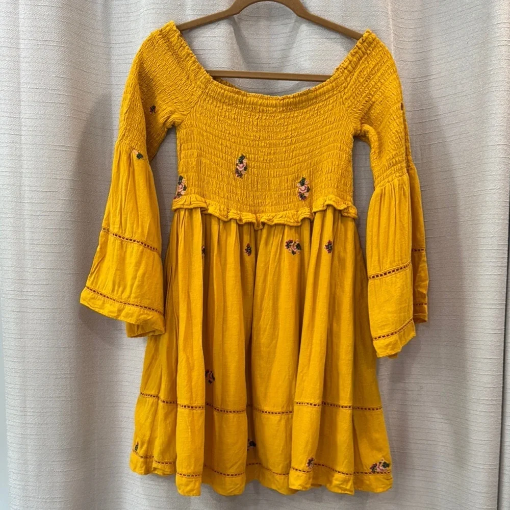 Free People Yellow Bell Sleeve Off Shoulder Mini Dress Womens Size Small - Picture 2 of 10